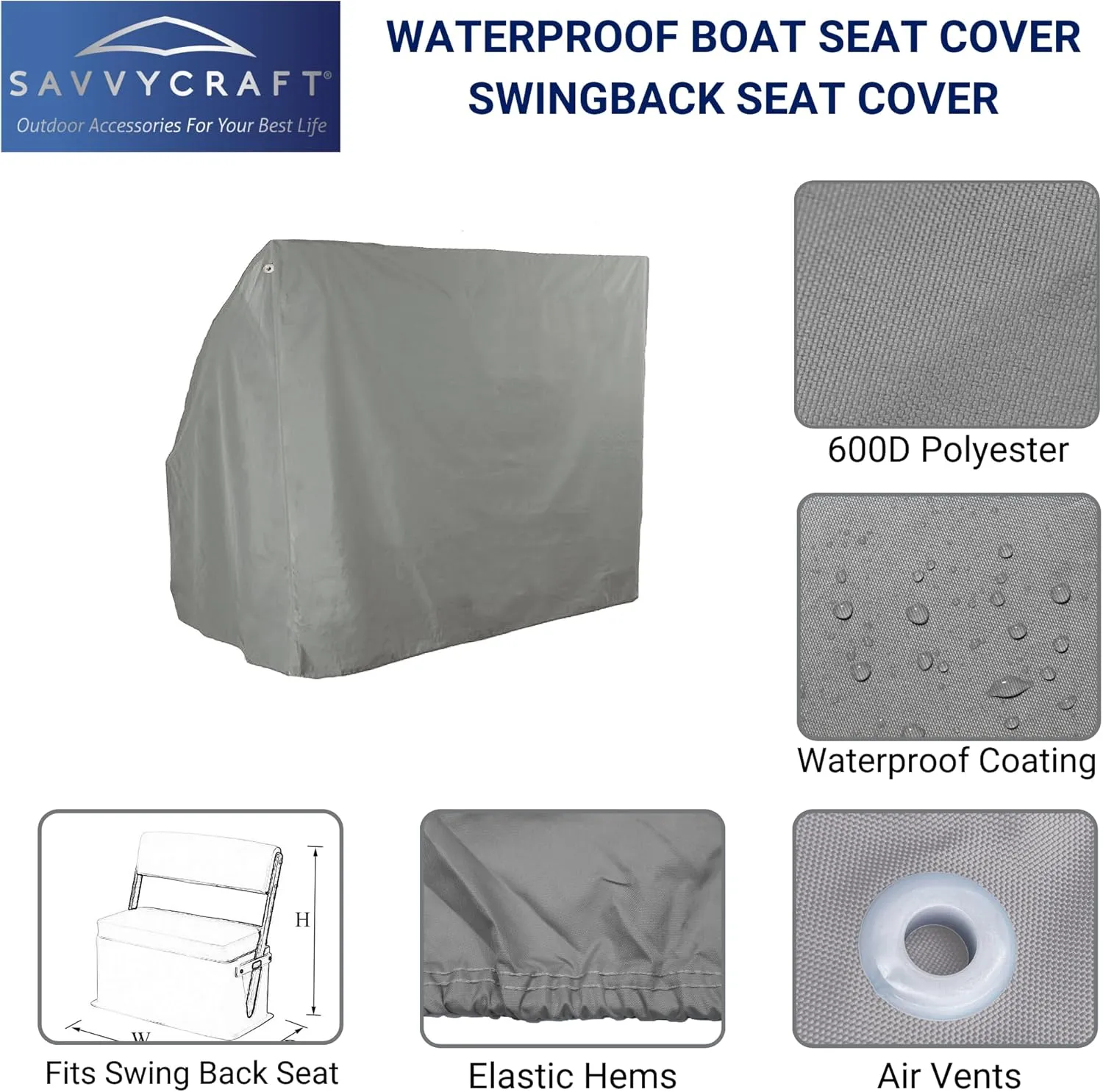 SavvyCraft Waterproof Boat Swing Back Seat Cover, Leaning Post, Swingback Cooler Boat Seat Cover 20" Dx 36" W x 36" H Gray