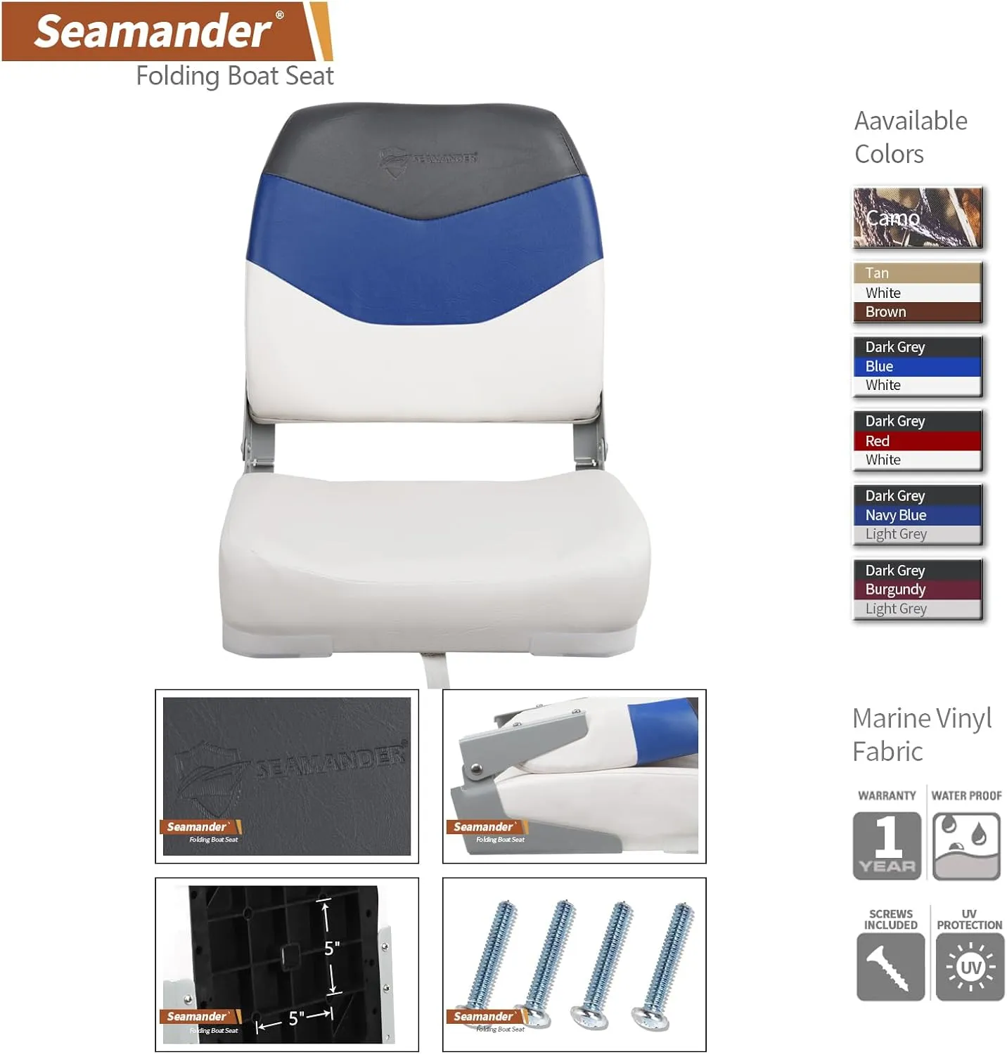 Seamander Low Back Boat Seats, Folding Boat Seats With Stainless Steel Screws,Aluminum Hinges&Padded,Fishing Boat Seat, Multiple Color Options(2-Pack)