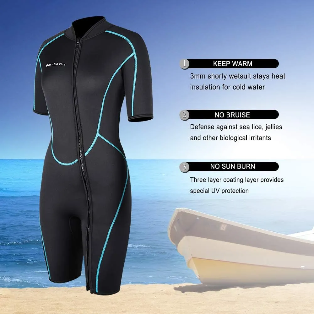 Seaskin Mens 3mm Shorty Wetsuit Womens, Full Body Diving Suit Front Zip Wetsuit for Diving Snorkeling Kayaking Swimming