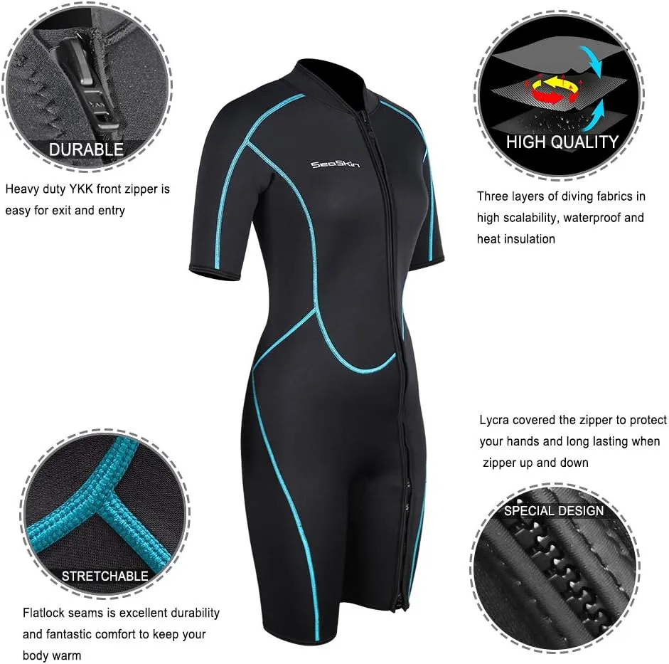Seaskin Mens 3mm Shorty Wetsuit Womens, Full Body Diving Suit Front Zip Wetsuit for Diving Snorkeling Kayaking Swimming
