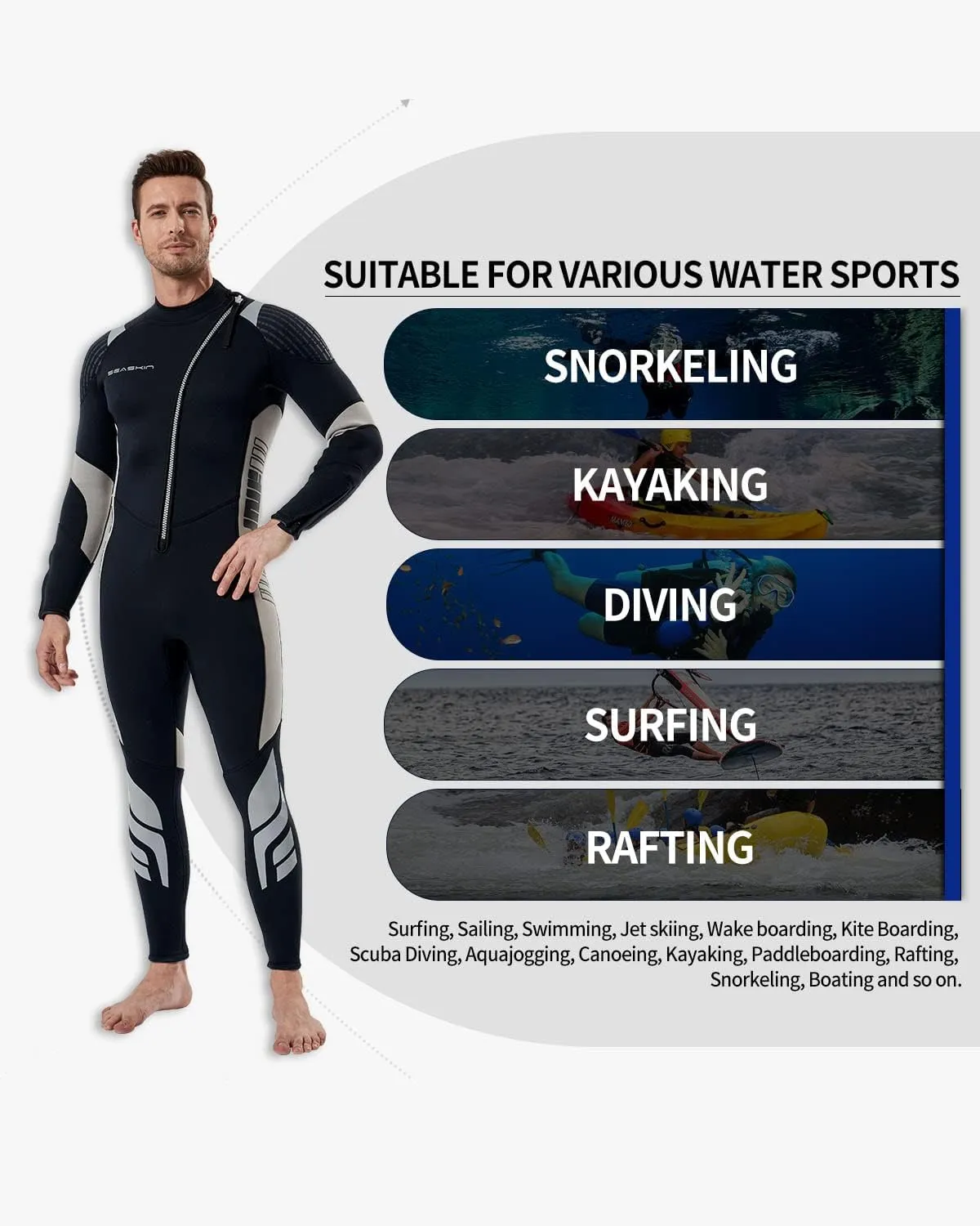 Seaskin Wetsuits for Men Women 3mm Front Zip Full Wetsuit