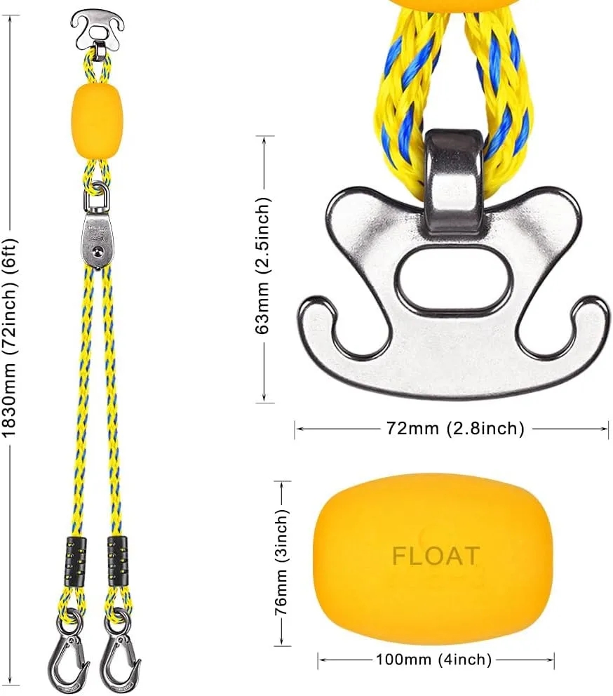 SELEWARE Self-Centering Boat Tow Harness for Tubing, Stainless Steel Quick Connector, Heavy Duty Floating Tow Rope for 1-4 Riders, Wakeboarding & Jet Ski