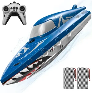 Shark RC Racing Boat for Kids & Adults,2.4GHz High Speed Remote Control Boat W/ Dual Battery 50 Min Runtime,Waterproof,Fast Remote Control Toy Gift Kids 8-12, Ideal for Pools & Lakes,Shining Blue