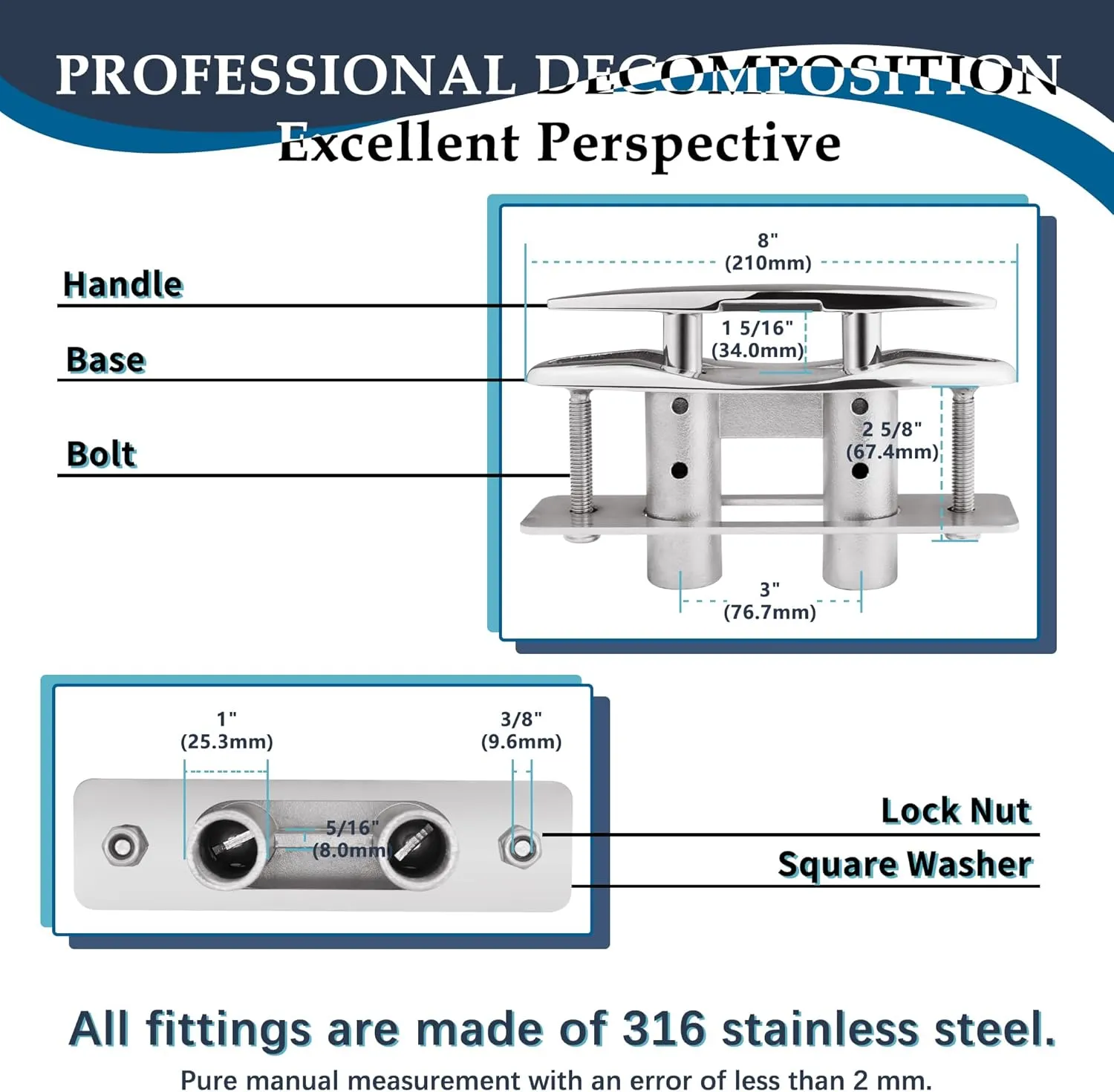 SHENGHUISS Boat Cleats 316 Stainless Steel Pop Up Cleat Retractable Heavy Duty Pull Up Cleat Flush Mount Deck Cleats with Backing Plate and Lock Nuts（5"/6"/8"/10"）