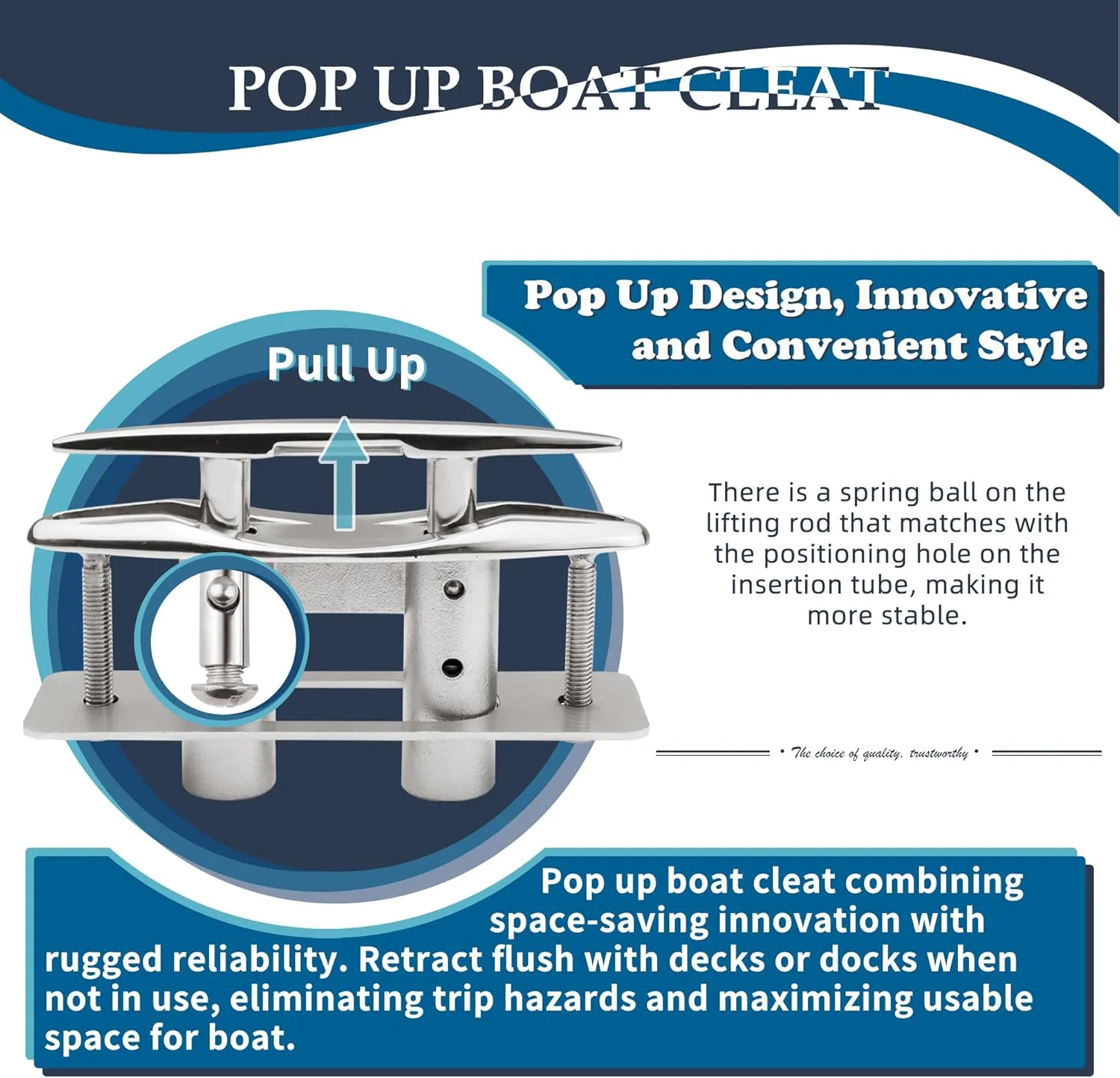 SHENGHUISS Boat Cleats 316 Stainless Steel Pop Up Cleat Retractable Heavy Duty Pull Up Cleat Flush Mount Deck Cleats with Backing Plate and Lock Nuts（5"/6"/8"/10"）