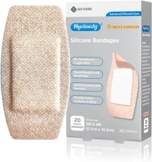 Silicone Bandages Extra Large Size for Sensitive Fragile Skin - 2" x 4" 20 Counts - Latex Free Painless Removal Hypoallergenic Flexible Fabric Big Bandages for Wounds Adhesive Allergy Free