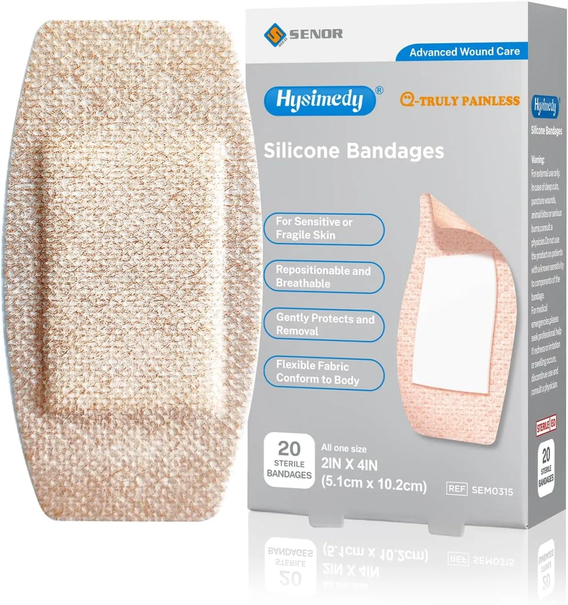 Silicone Bandages Extra Large Size for Sensitive Fragile Skin - 2" x 4" 20 Counts - Latex Free Painless Removal Hypoallergenic Flexible Fabric Big Bandages for Wounds Adhesive Allergy Free