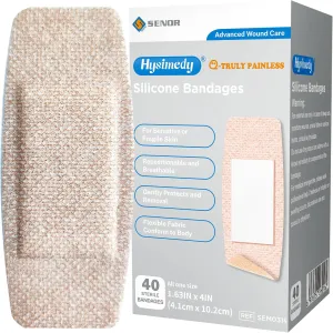 Silicone Bandages Large Size for Sensitive Fragile Skin - 1.63" x 4" 40 Counts - Latex Free Non Allergenic Hypoallergenic Painless Removal Flexible Fabric Bandages Adhesive Allergy Free
