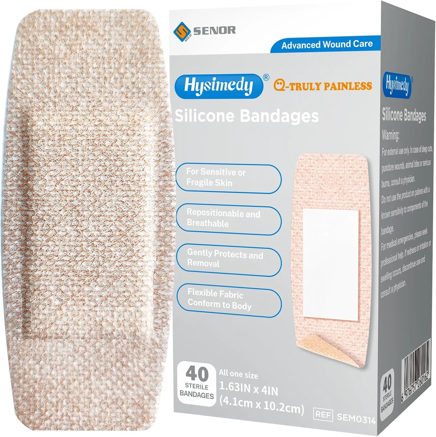 Silicone Bandages Large Size for Sensitive Fragile Skin - 1.63" x 4" 40 Counts - Latex Free Non Allergenic Hypoallergenic Painless Removal Flexible Fabric Bandages Adhesive Allergy Free
