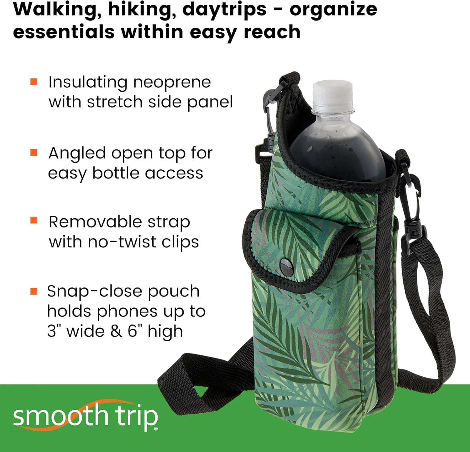 Smooth Trip AquaPockets Water Bottle Holder - Insulating Neoprene Sling Bag With Phone Pouch and Adjustable Strap for Walking and Hiking - Fits up to 32 oz. Bottles