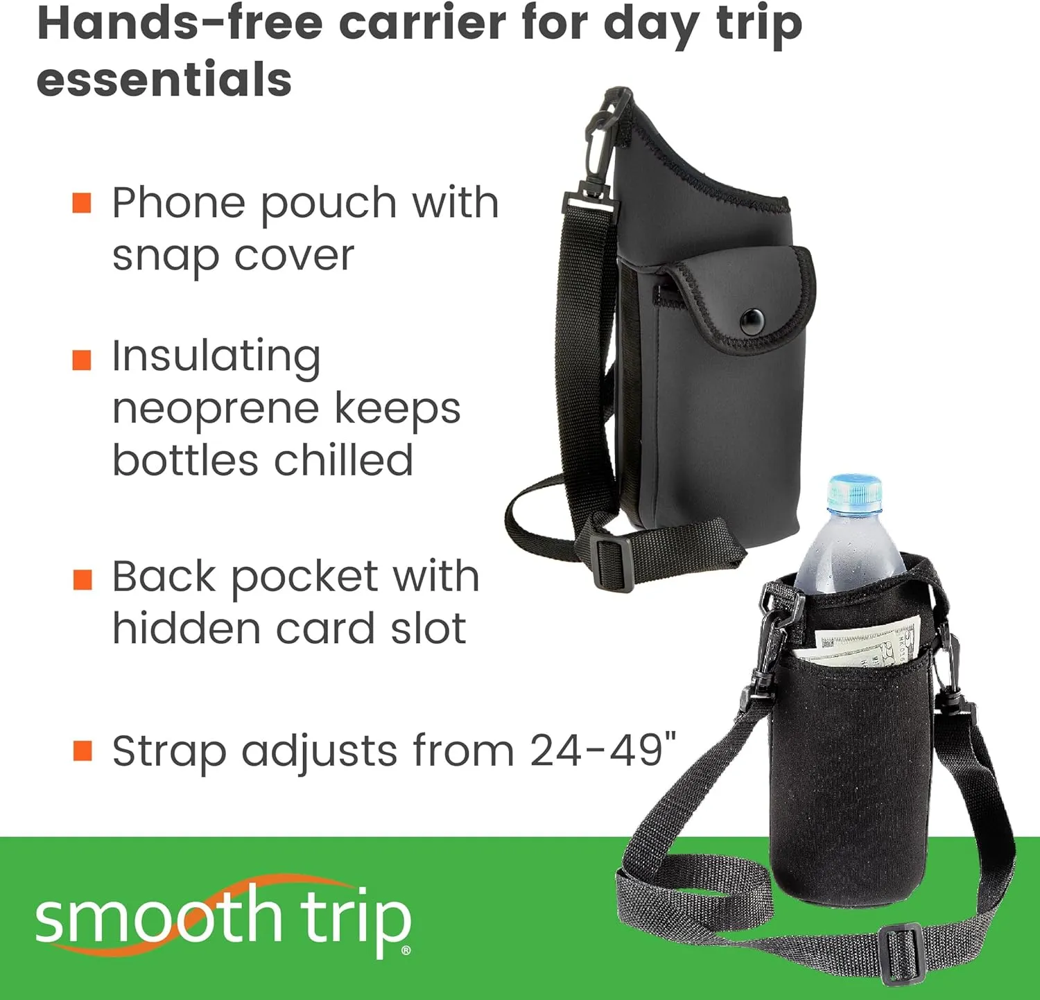 Smooth Trip AquaPockets Water Bottle Holder - Insulating Neoprene Sling Bag With Phone Pouch and Adjustable Strap for Walking and Hiking - Fits up to 32 oz. Bottles