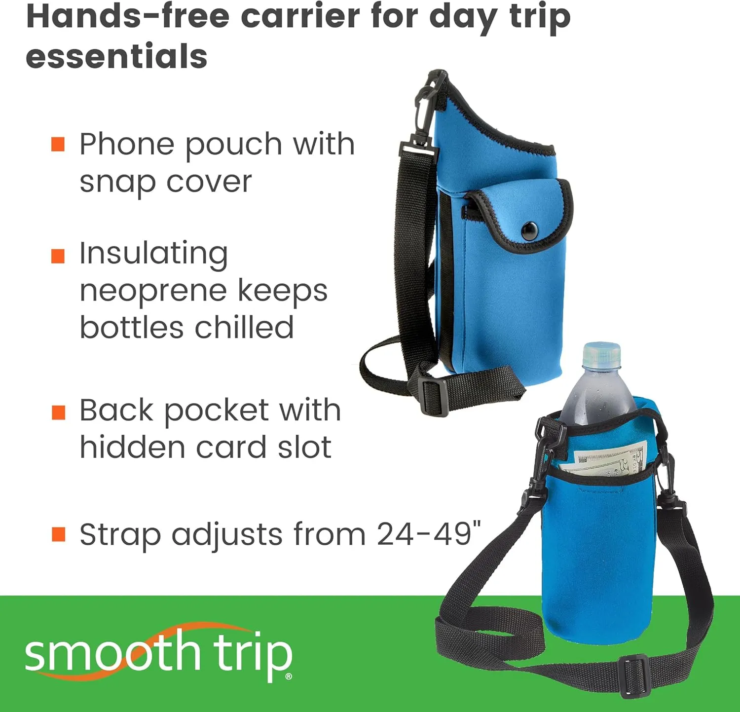 Smooth Trip AquaPockets Water Bottle Holder - Insulating Neoprene Sling Bag With Phone Pouch and Adjustable Strap for Walking and Hiking - Fits up to 32 oz. Bottles