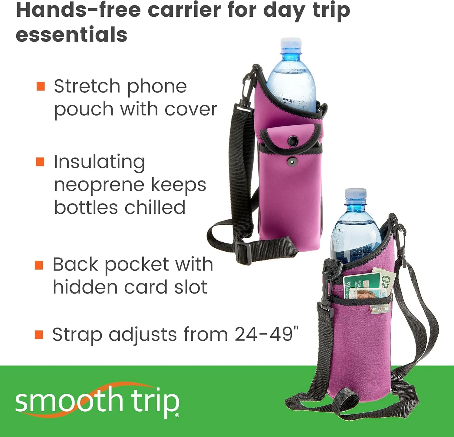 Smooth Trip AquaPockets Water Bottle Holder - Insulating Neoprene Sling Bag With Phone Pouch and Adjustable Strap for Walking and Hiking - Fits up to 32 oz. Bottles