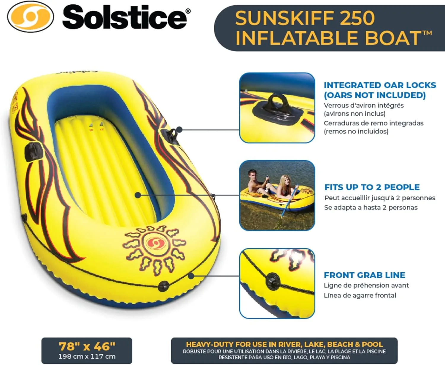 Solstice by Swimline SunSkiff 2-Person Boat, Yellow, Blue, Black, One Size (29250)