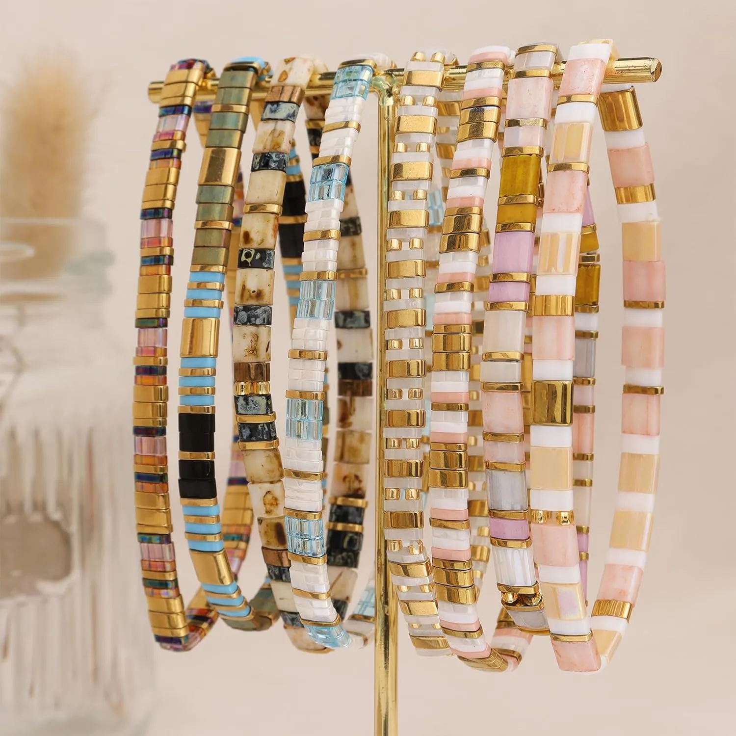 Sonateomber Tila Flat Beaded Stretch Bracelets for Women, Trendy Unique Handmade Stackable Gold Beige Square Beads Miyuk Link Bracelet Summer Jewelry Gift
