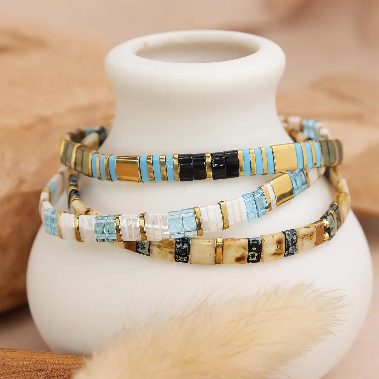 Sonateomber Tila Flat Beaded Stretch Bracelets for Women, Trendy Unique Handmade Stackable Gold Beige Square Beads Miyuk Link Bracelet Summer Jewelry Gift