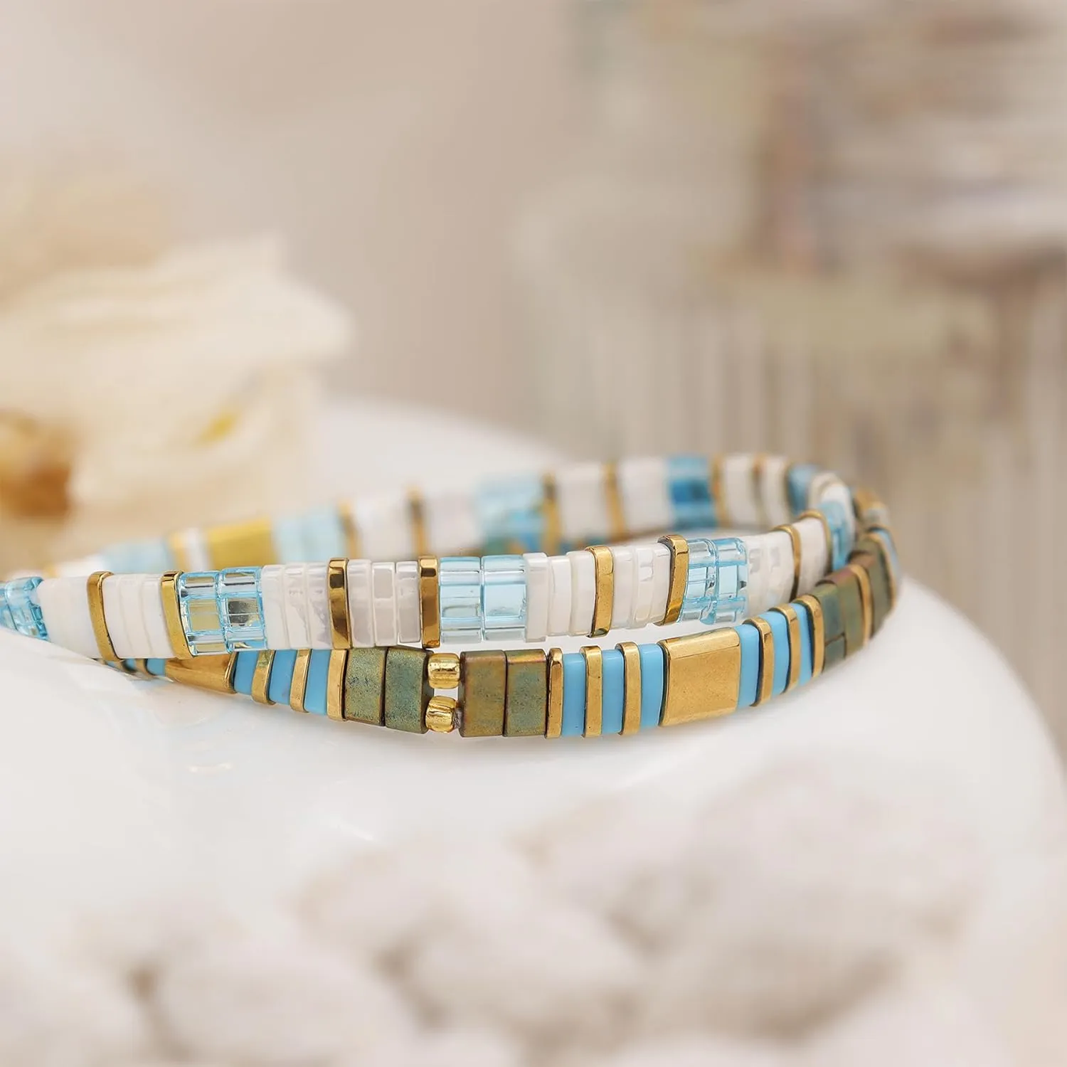 Sonateomber Tila Flat Beaded Stretch Bracelets for Women, Trendy Unique Handmade Stackable Gold Beige Square Beads Miyuk Link Bracelet Summer Jewelry Gift