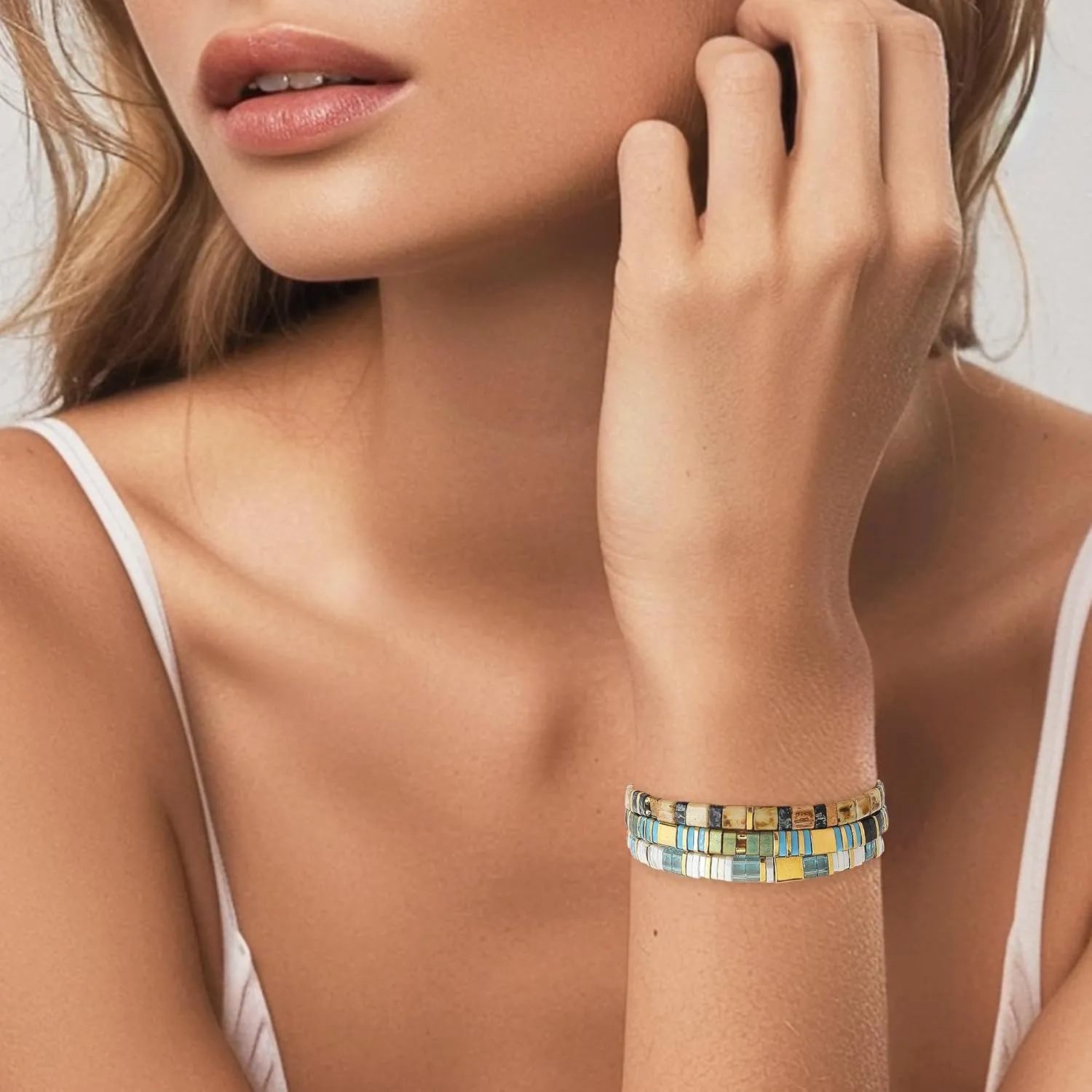 Sonateomber Tila Flat Beaded Stretch Bracelets for Women, Trendy Unique Handmade Stackable Gold Beige Square Beads Miyuk Link Bracelet Summer Jewelry Gift