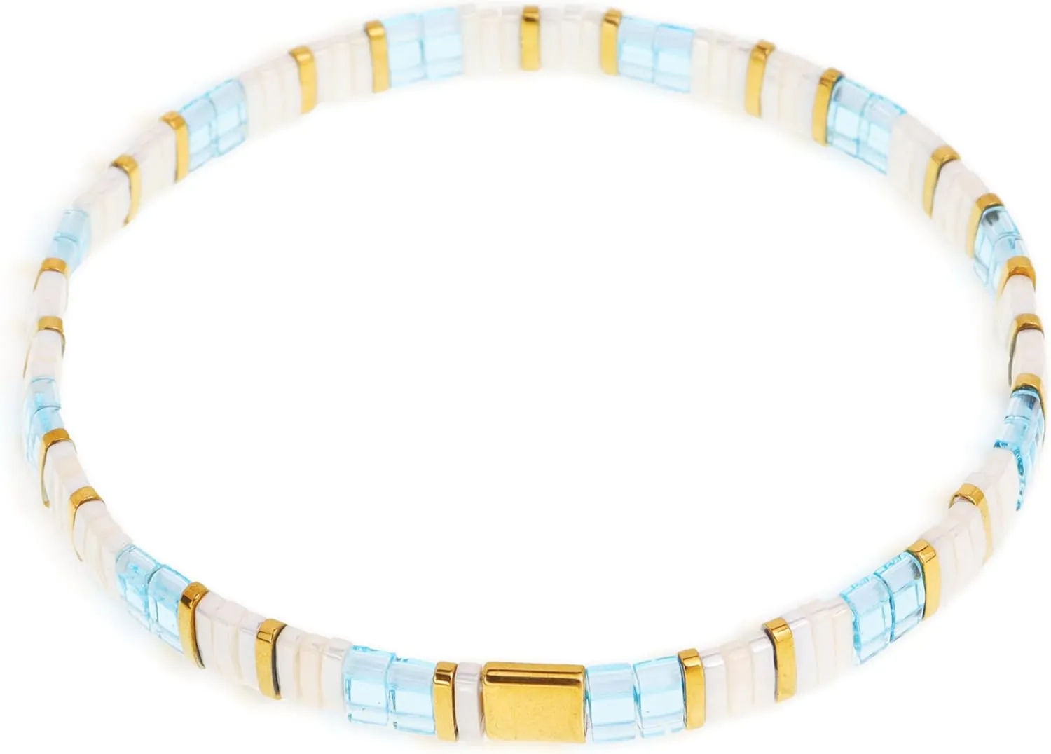 Sonateomber Tila Flat Beaded Stretch Bracelets for Women, Trendy Unique Handmade Stackable Gold Beige Square Beads Miyuk Link Bracelet Summer Jewelry Gift