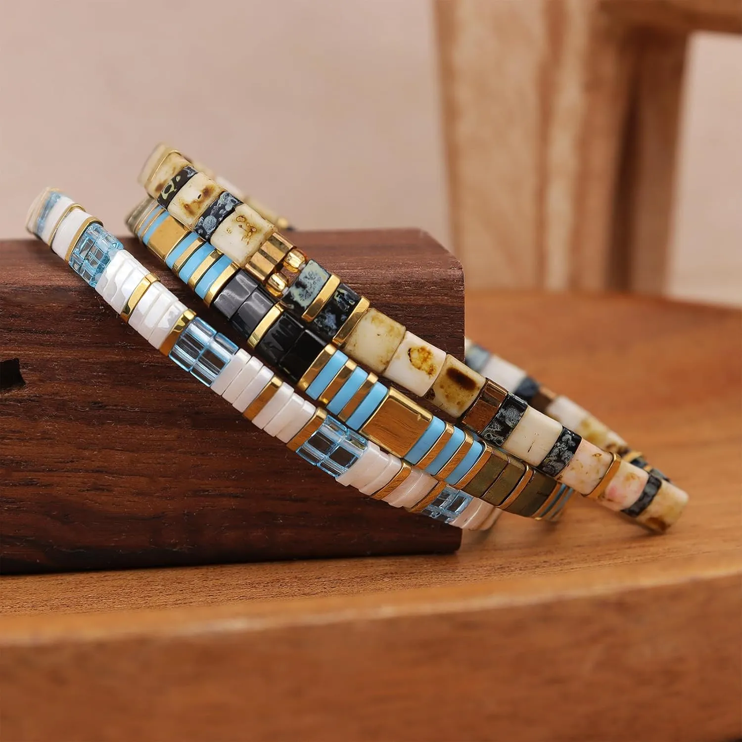Sonateomber Tila Flat Beaded Stretch Bracelets for Women, Trendy Unique Handmade Stackable Gold Beige Square Beads Miyuk Link Bracelet Summer Jewelry Gift