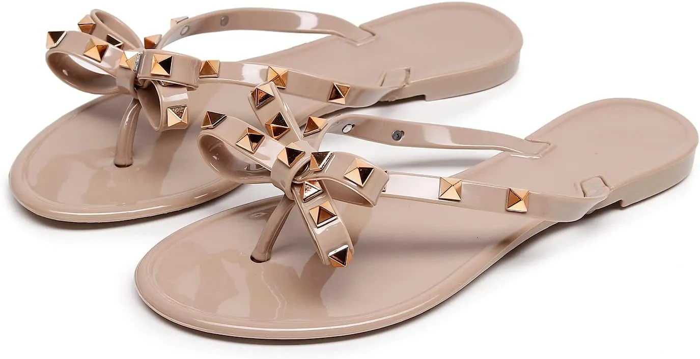 Studded Jelly Shoes for Womens Bow Flip Flops Jellies Sandals Flat Black Summer Beach Thong with Rivets Strappy Slides Slip On