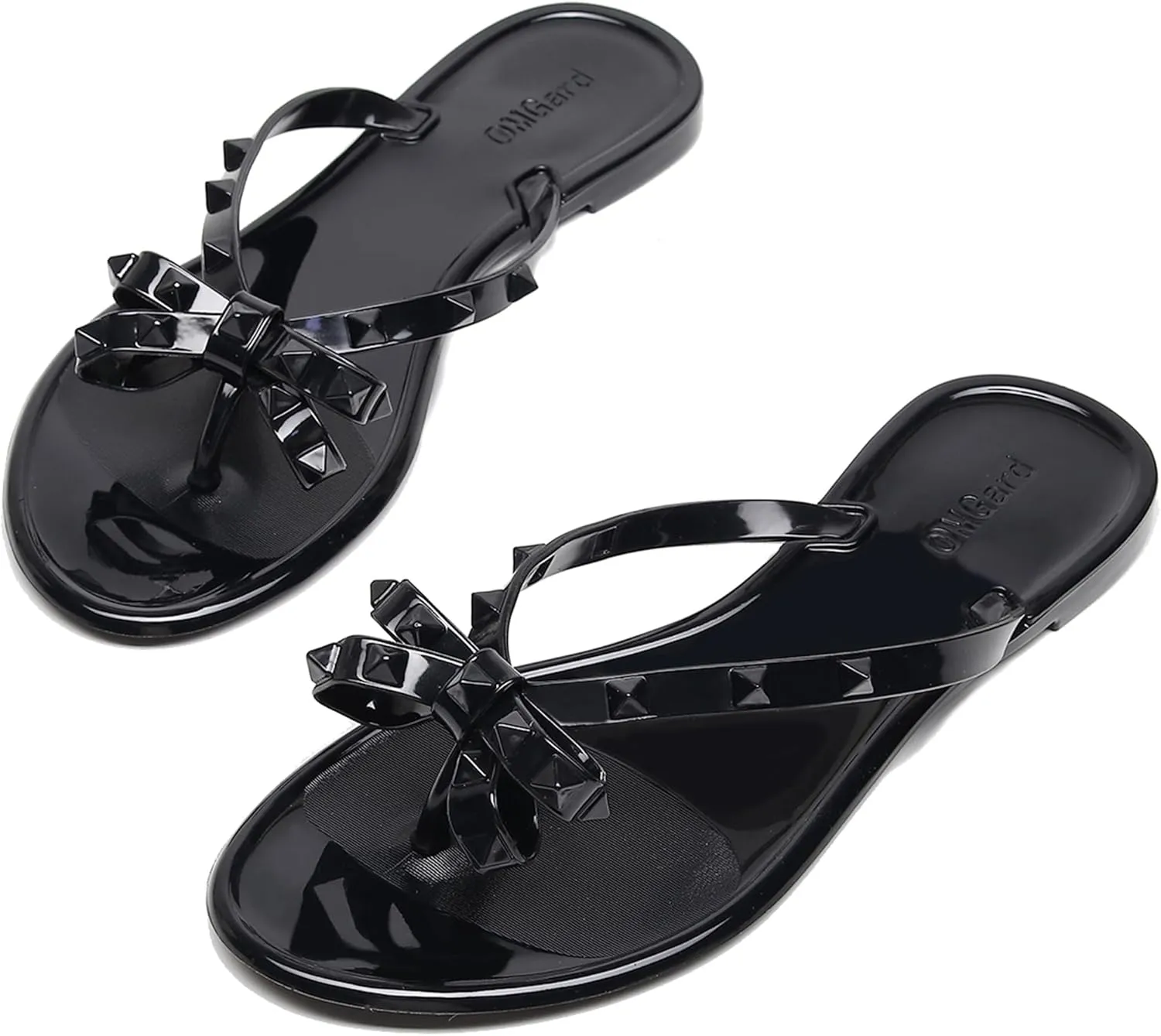 Studded Jelly Shoes for Womens Bow Flip Flops Jellies Sandals Flat Black Summer Beach Thong with Rivets Strappy Slides Slip On