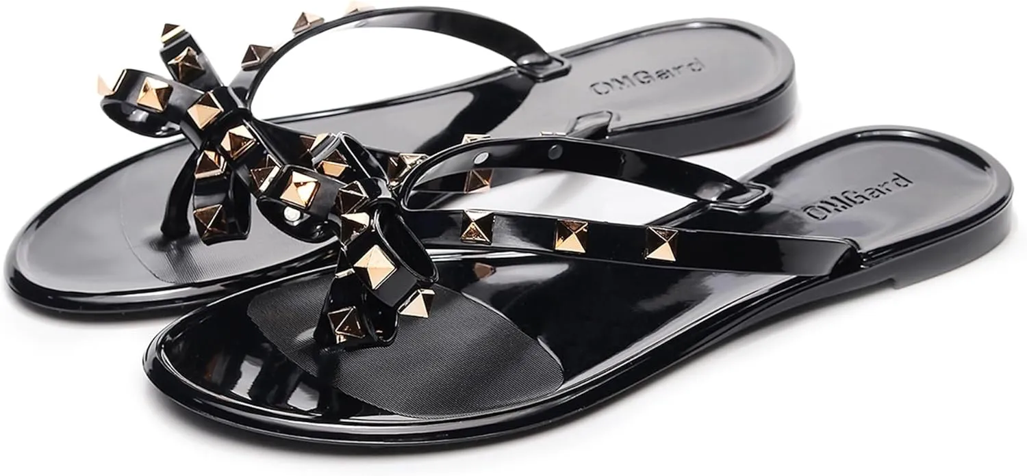 Studded Jelly Shoes for Womens Bow Flip Flops Jellies Sandals Flat Black Summer Beach Thong with Rivets Strappy Slides Slip On