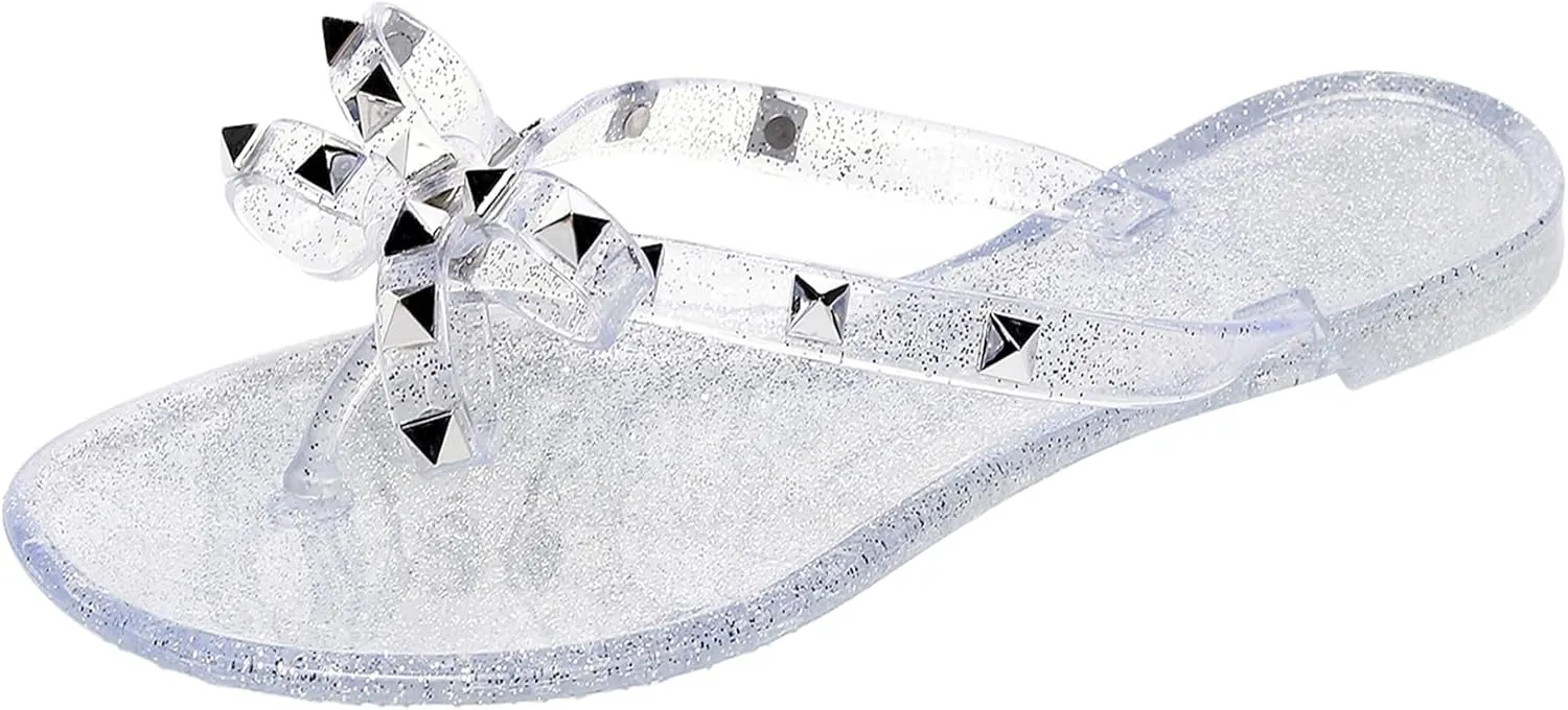 Studded Jelly Shoes for Womens Bow Flip Flops Jellies Sandals Flat Black Summer Beach Thong with Rivets Strappy Slides Slip On