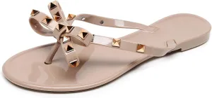 Studded Jelly Shoes for Womens Bow Flip Flops Jellies Sandals Flat Black Summer Beach Thong with Rivets Strappy Slides Slip On