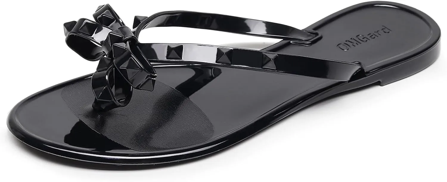 Studded Jelly Shoes for Womens Bow Flip Flops Jellies Sandals Flat Black Summer Beach Thong with Rivets Strappy Slides Slip On