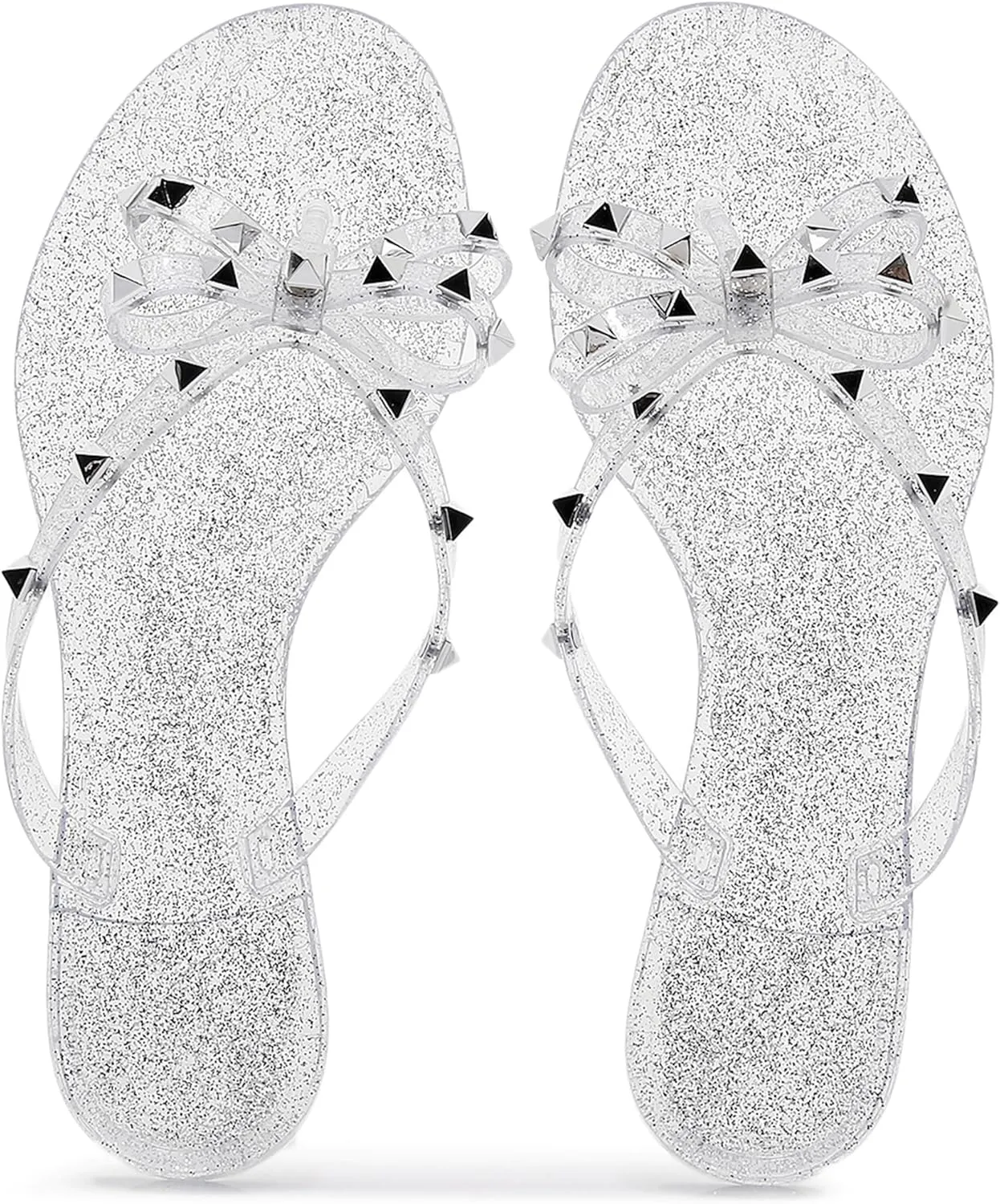 Studded Jelly Shoes for Womens Bow Flip Flops Jellies Sandals Flat Black Summer Beach Thong with Rivets Strappy Slides Slip On