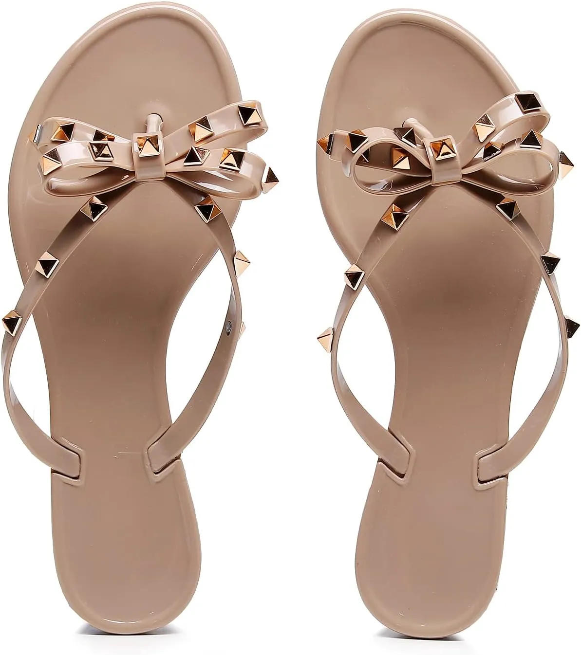 Studded Jelly Shoes for Womens Bow Flip Flops Jellies Sandals Flat Black Summer Beach Thong with Rivets Strappy Slides Slip On