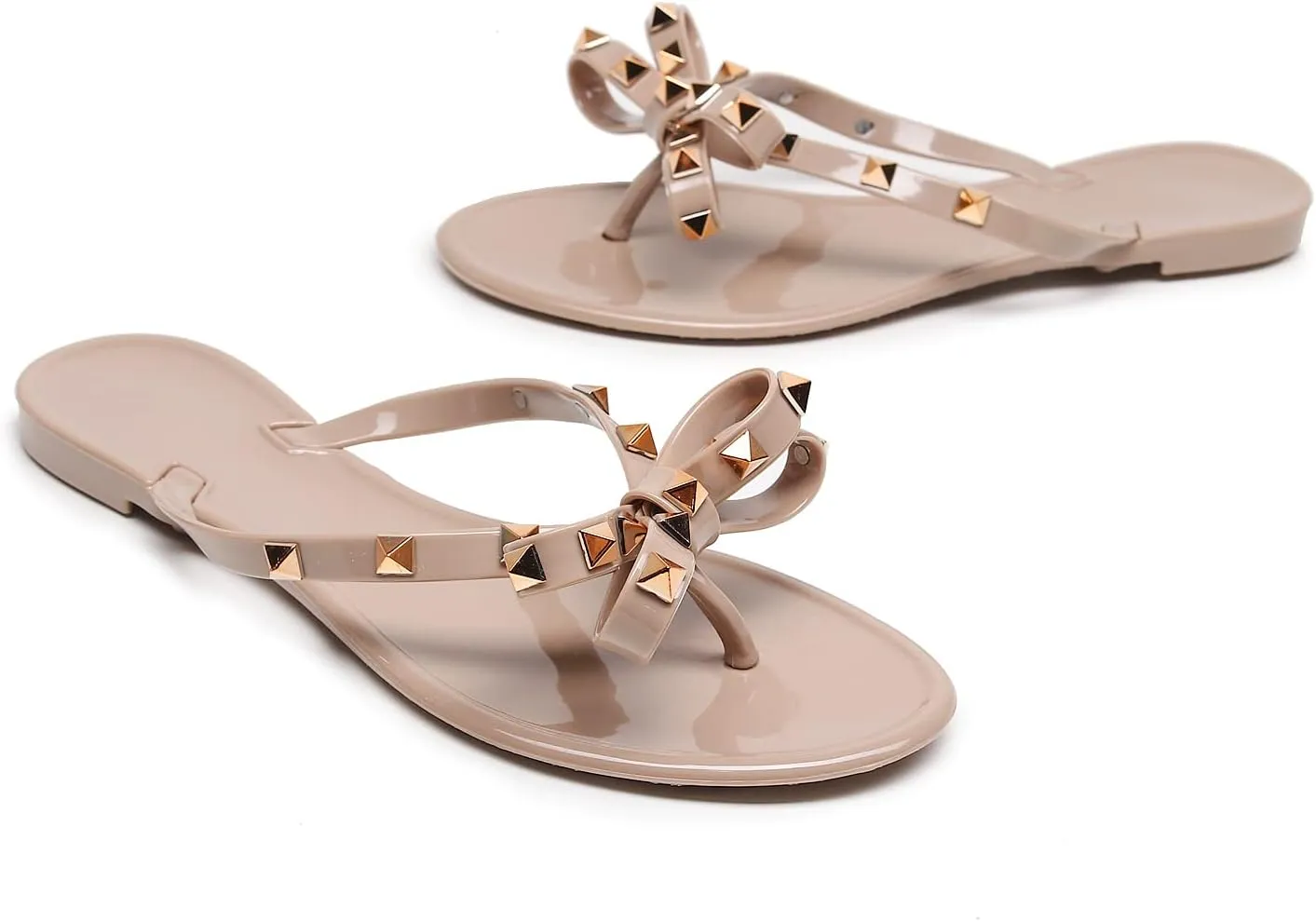 Studded Jelly Shoes for Womens Bow Flip Flops Jellies Sandals Flat Black Summer Beach Thong with Rivets Strappy Slides Slip On