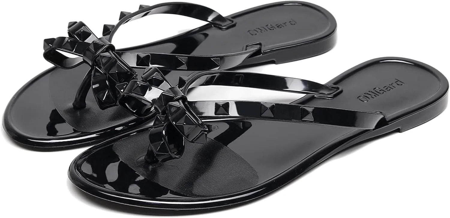 Studded Jelly Shoes for Womens Bow Flip Flops Jellies Sandals Flat Black Summer Beach Thong with Rivets Strappy Slides Slip On