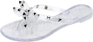 Studded Jelly Shoes for Womens Bow Flip Flops Jellies Sandals Flat Black Summer Beach Thong with Rivets Strappy Slides Slip On