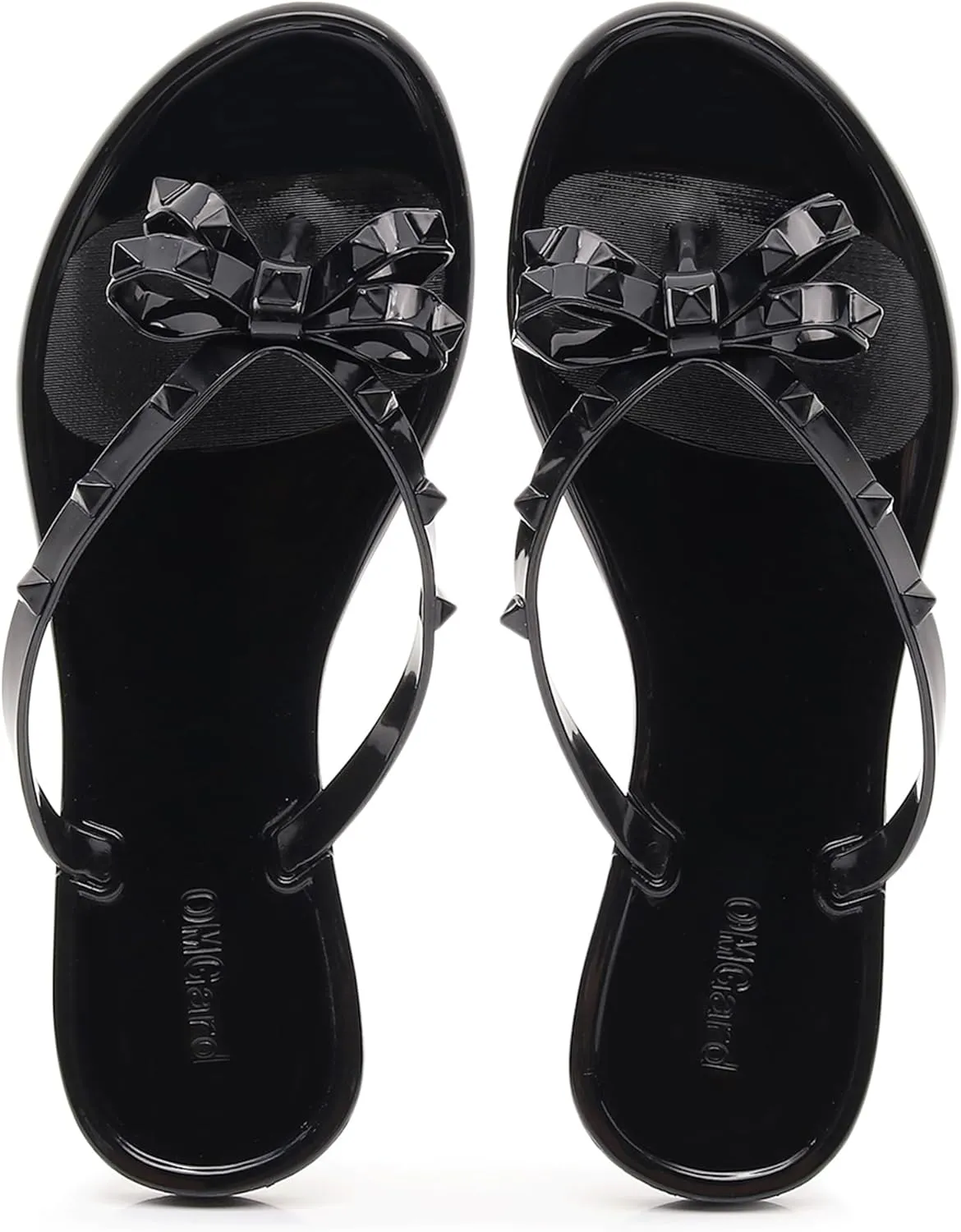 Studded Jelly Shoes for Womens Bow Flip Flops Jellies Sandals Flat Black Summer Beach Thong with Rivets Strappy Slides Slip On