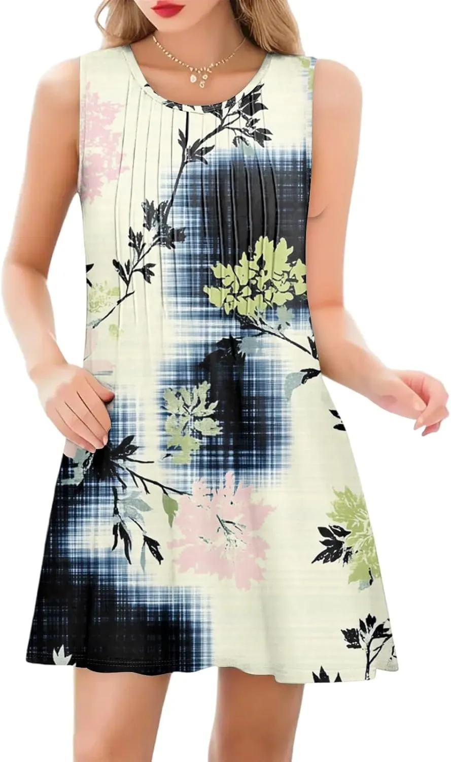 Summer Dresses for Women 2025 Trendy Floral Cami Midi Sundresses Elegant Plisse Smocked Empire Waist Sleeveless Dress