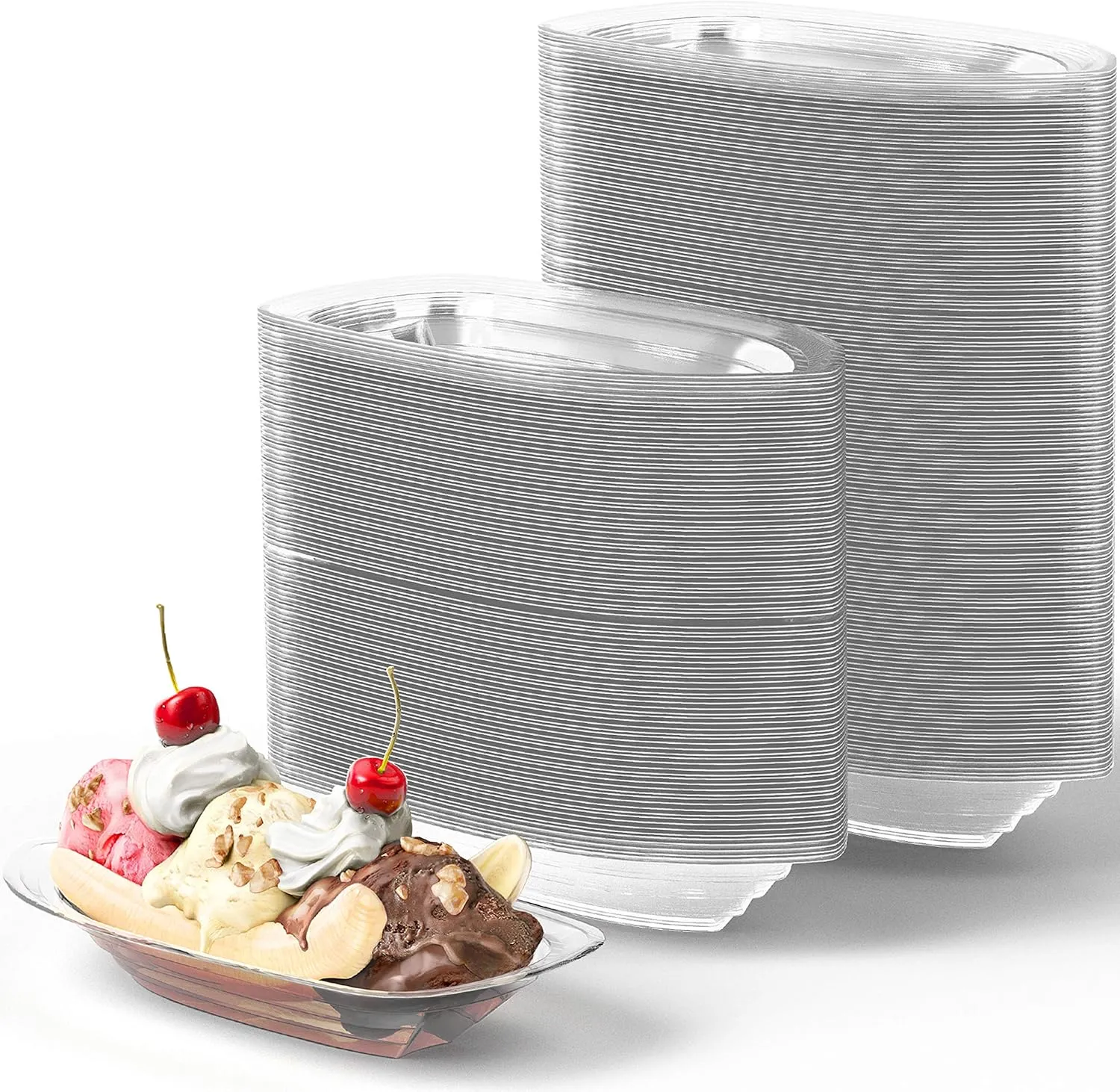 Super Fun Recyclable 8oz Banana Split Boats 250 Pack. Durable, Disposable Ice Cream Sundae Bowls. Perfect Plastic Cups for Social Event or Kids Birthday Party. Great Clear Dessert Tray for Carnivals.