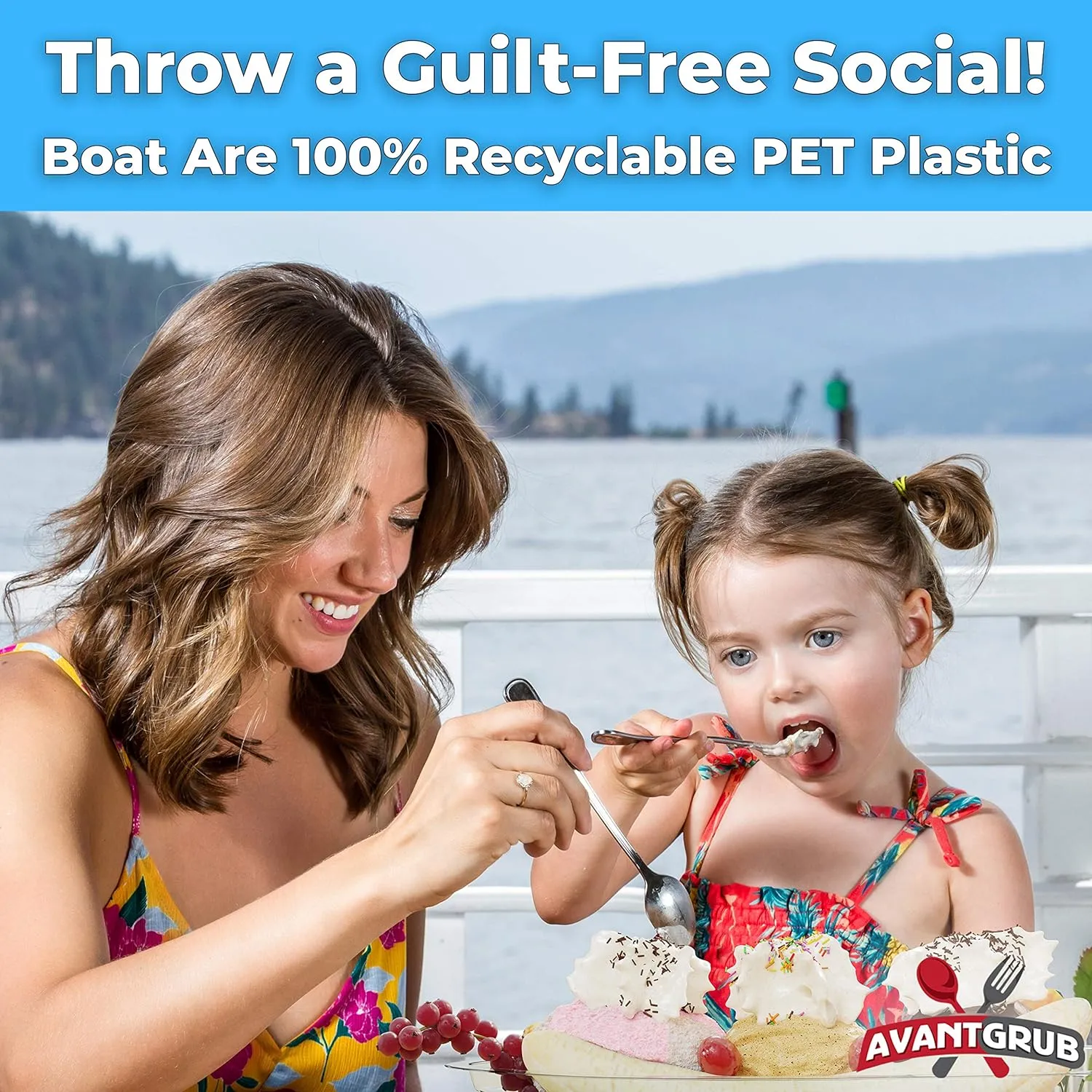 Super Fun Recyclable 8oz Banana Split Boats 50 Pack. Durable, Disposable Ice Cream Sundae Bowls. Perfect Plastic Cups for Social Event or Kids Birthday Party. Great Clear Dessert Tray for Carnivals.
