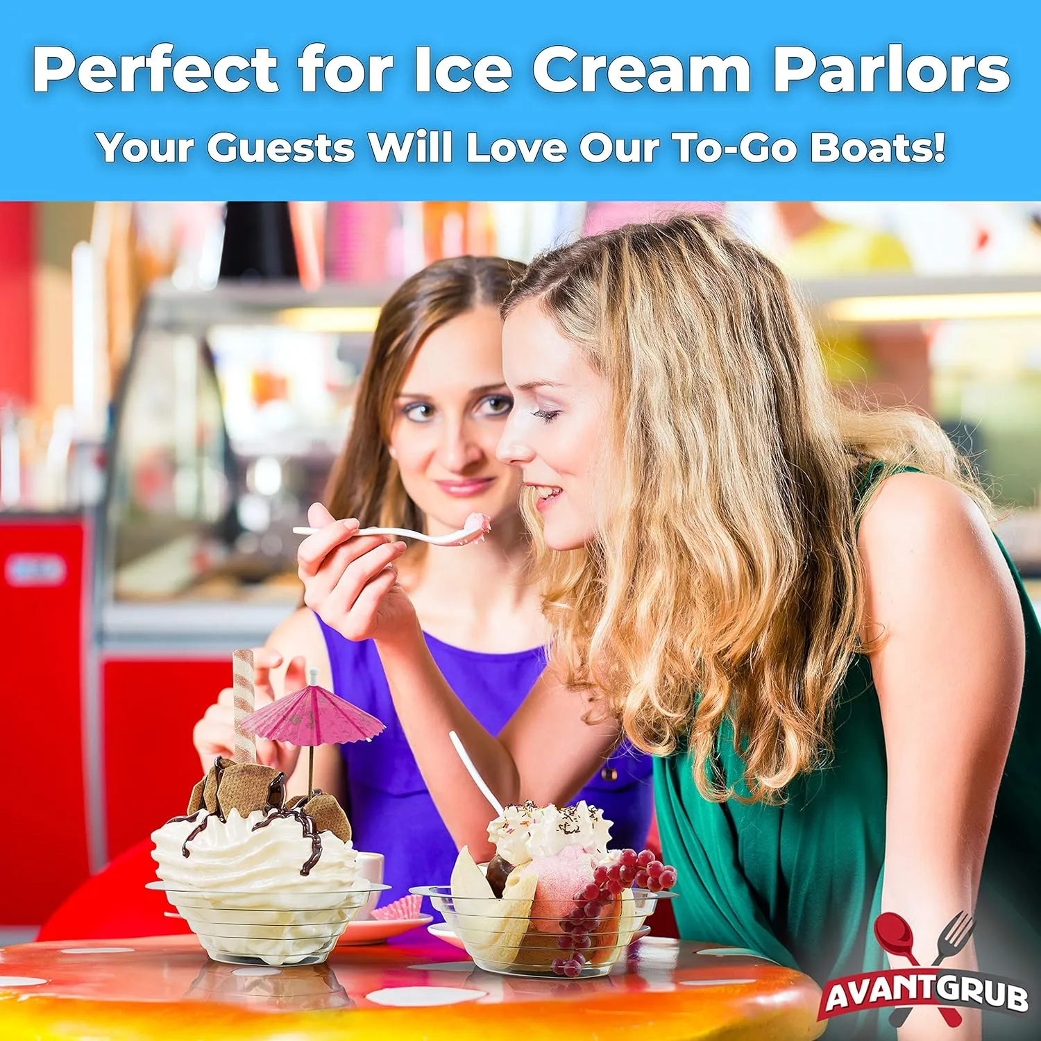 Super Fun Recyclable 8oz Banana Split Boats 50 Pack. Durable, Disposable Ice Cream Sundae Bowls. Perfect Plastic Cups for Social Event or Kids Birthday Party. Great Clear Dessert Tray for Carnivals.