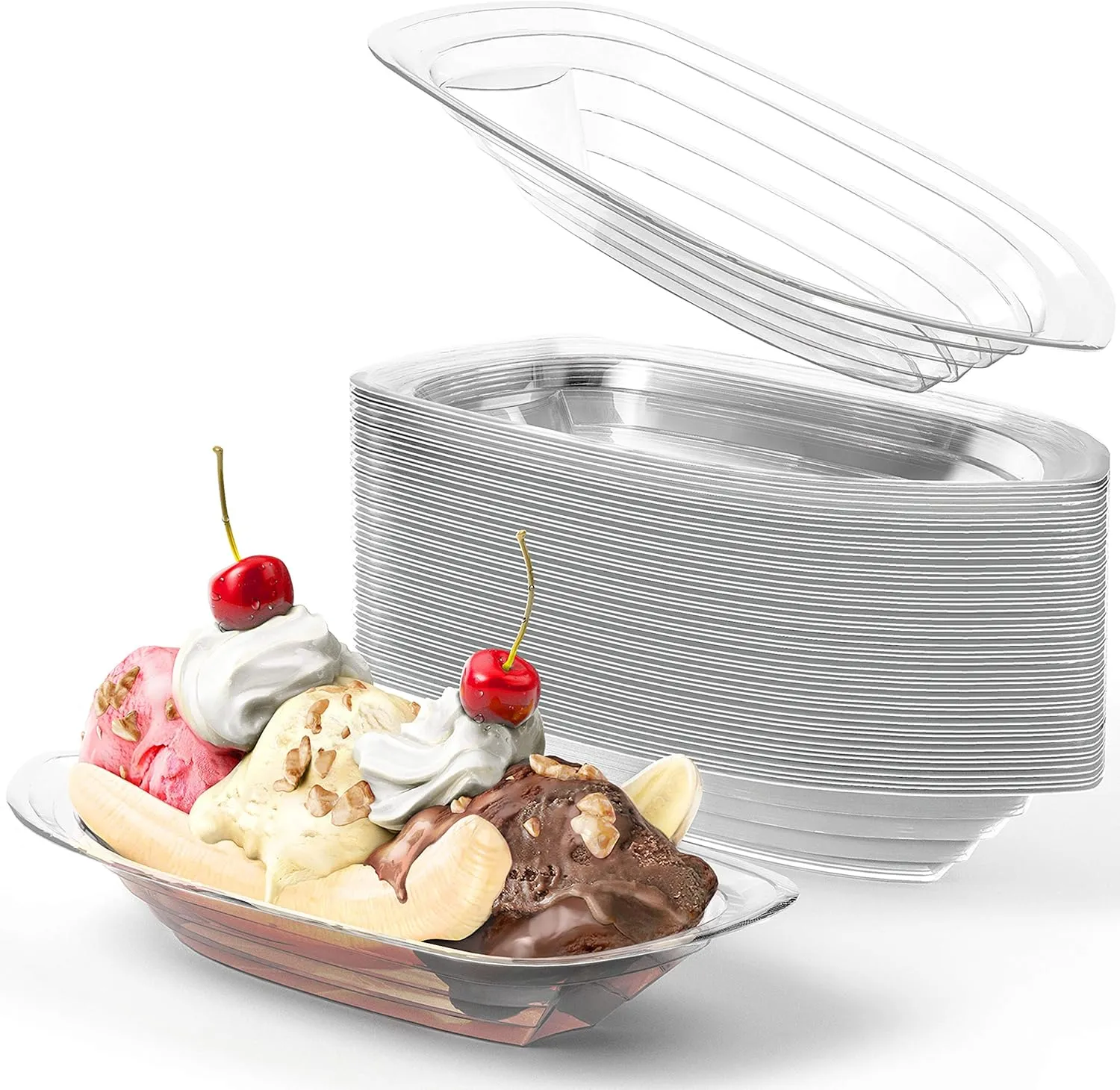 Super Fun Recyclable 8oz Banana Split Boats 50 Pack. Durable, Disposable Ice Cream Sundae Bowls. Perfect Plastic Cups for Social Event or Kids Birthday Party. Great Clear Dessert Tray for Carnivals.