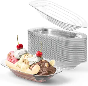 Super Fun Recyclable 8oz Banana Split Boats 50 Pack. Durable, Disposable Ice Cream Sundae Bowls. Perfect Plastic Cups for Social Event or Kids Birthday Party. Great Clear Dessert Tray for Carnivals.