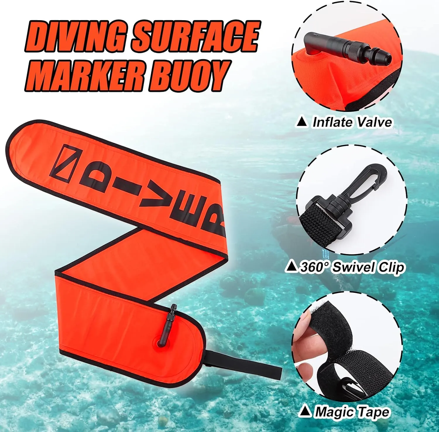 Surface Marker Buoy, Scuba Diving Surface Marker Signal Tube with Reflective Strip and Plastic Clip