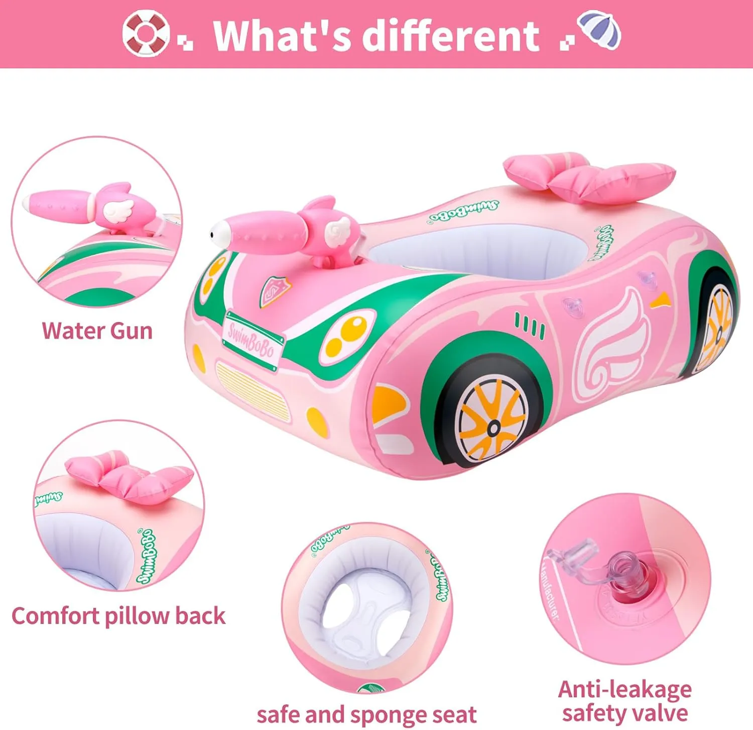 Swimbobo Toddler Pool Float with Seat Boat Inflatable Ride-on Car for Kids Outdoor Toys