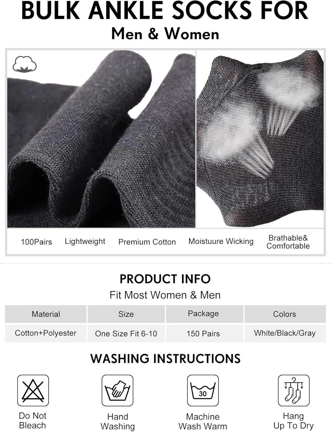 Tarpop 150 Pairs Mens Socks in Bulk Pack Unisex Socks Adult for Homeless Sports Ankle Moisture Wicking for Men Women