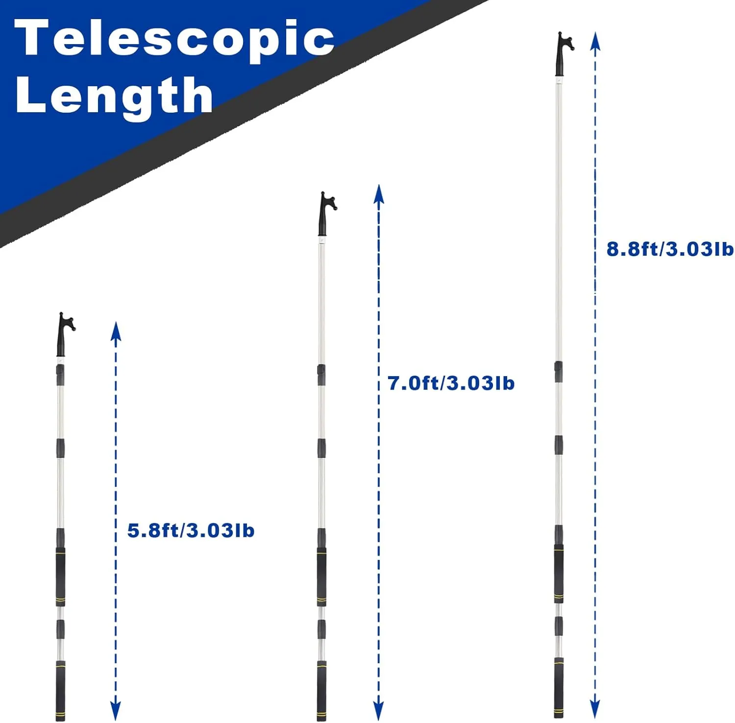 Telescopic Boat Hooks, docking telescopic pole stainless steel reinforced tube retractable and adjustable to hook at will sponge handle non-slip design must-have boat accessories