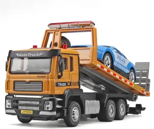 Tow Truck for Boys, Metal Cab with Lights and Sounds, Flatbed with Toy Car, Ages 3-7