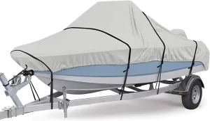 Trailerable Boat Cover, 210D Waterproof Polyester Boat Cover All-Weather Outdoor Protection Fits V-Hull Runabout Fishing Boat Bass Boat, Grey