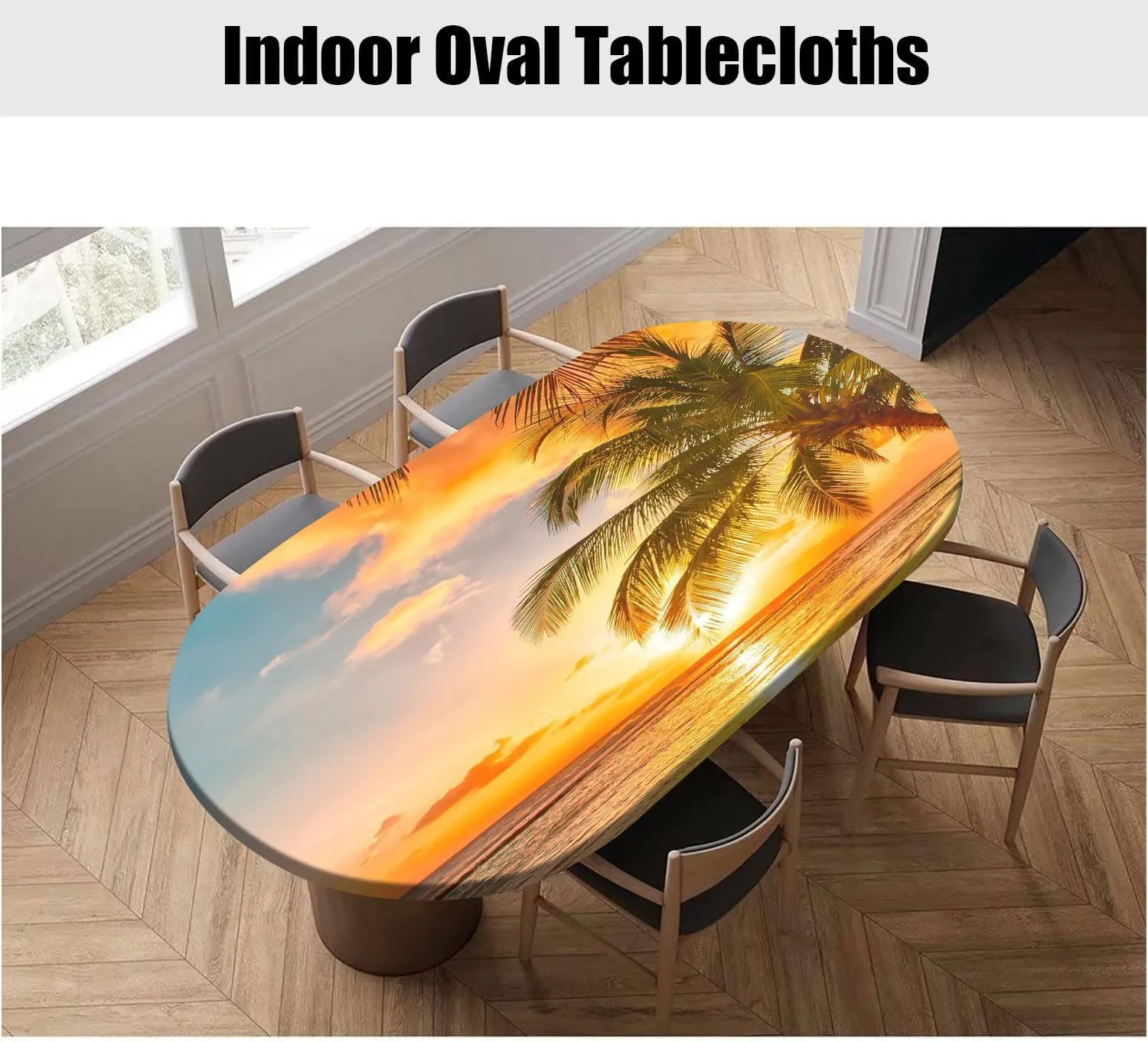 Tropical Oval Tablecloths, Beach Palm Tree Waterproof Wipeable Elastic Fitted Table Cover - Fits Tables up to 48"X68", for Indoor Kitchen Dining Room or Outdoor Picnic Party Dining Tables, Yellow