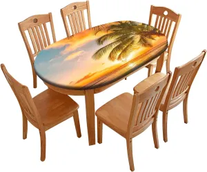 Tropical Oval Tablecloths, Beach Palm Tree Waterproof Wipeable Elastic Fitted Table Cover - Fits Tables up to 48"X68", for Indoor Kitchen Dining Room or Outdoor Picnic Party Dining Tables, Yellow